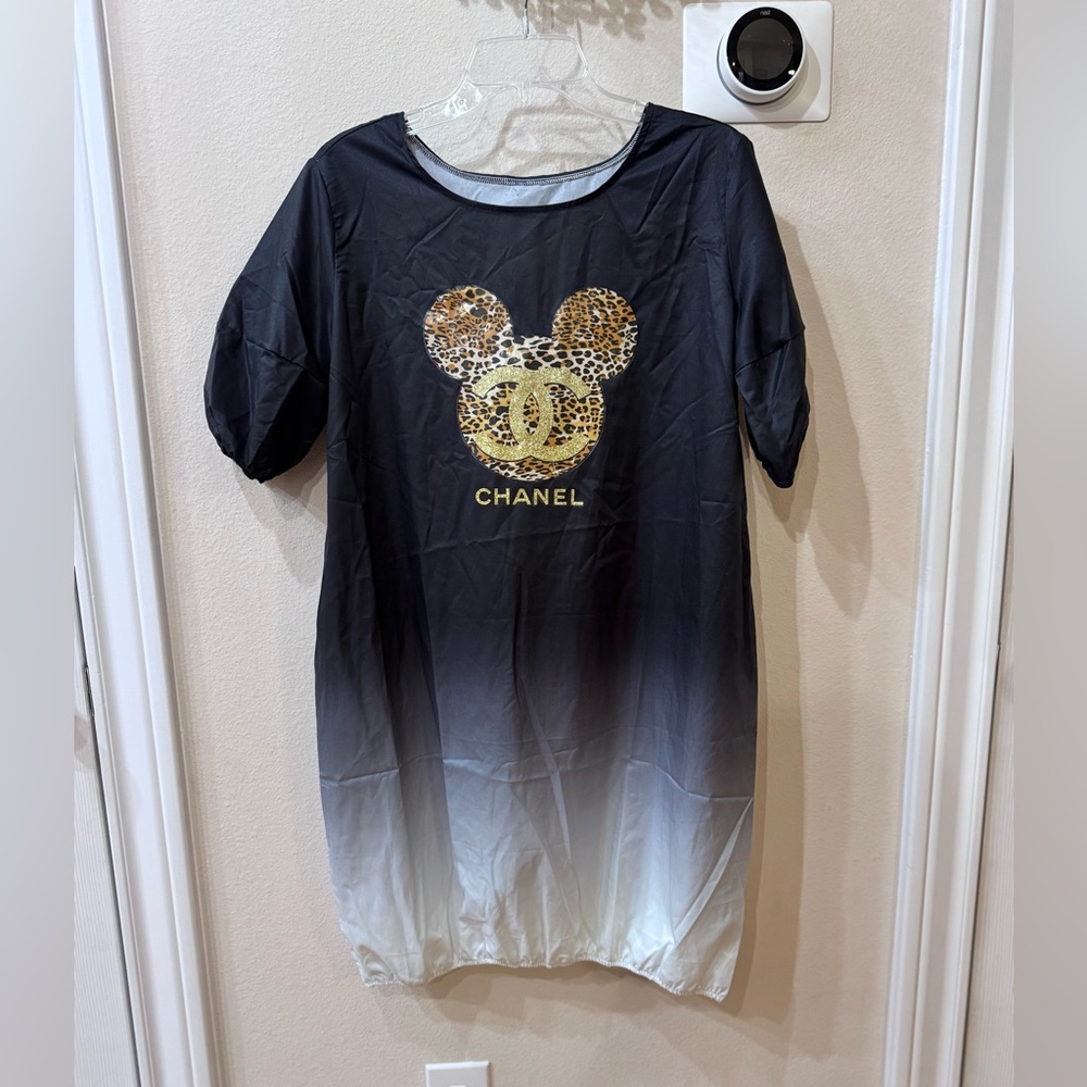 CHANEL Black to White Ombre Tunic with Leopard Mickey Logo